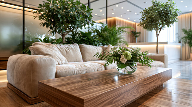 Warm modern dental clinic waiting room with beige fabric seating, wooden coffee table, green plants, frosted glass, soft daylight, clean reception area, perfect for healthcare branding and marketing
