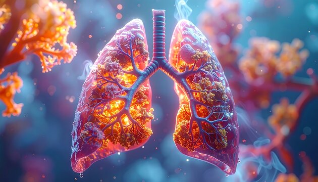 Glowing Human Lungs Showing Bronchial Network in Abstract Microscopic Environment