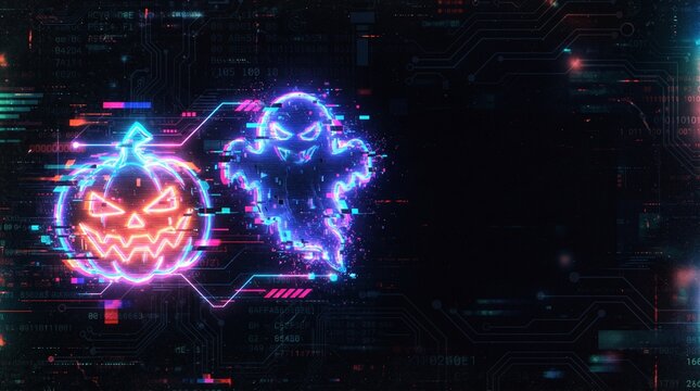 Cyber Glitch Halloween Pumpkin Ghost Background