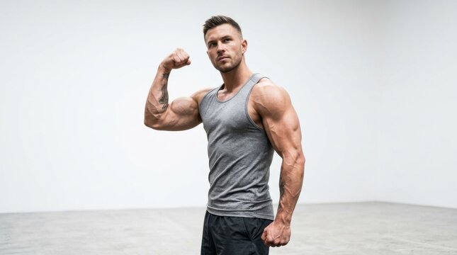 Muscular Fit Man Flexing Biceps in Grey Tank Top Showing Athletic Physique Isolated on Bright White Background for Fitness and Healthy Lifestyle