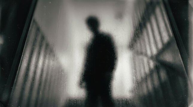 Mysterious Human Silhouette Standing Behind Frosted Glass Creating Eerie Moody Atmosphere for Conceptual Thriller Horror and Suspense Cinematic