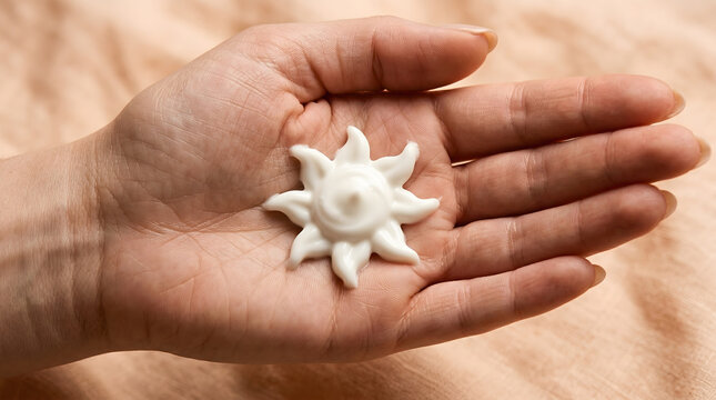 Delicate White Sun Charm Held in Open Palm, Symbolizing Hope, Light, and Positivity. Small Celestial Ornament on Soft Peach Fabric Background, Representing Warmth and New Beginnings for