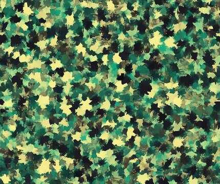 Green and black camouflage pattern dominates the image. Vivid, textured shapes mimic foliage and terrain. Natural, earthy tones suggest outdoor environments. Perfect for military, tactical
