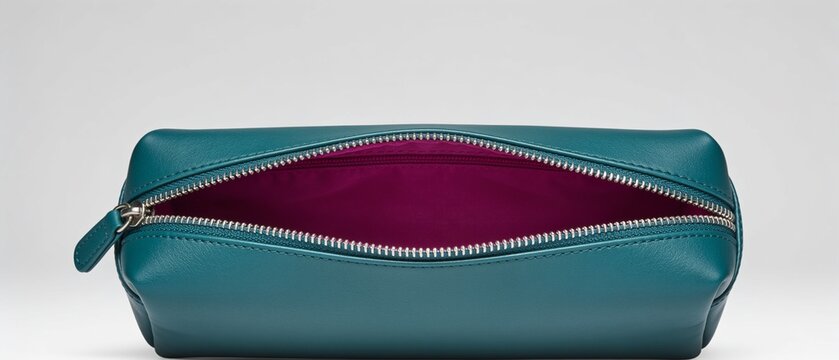 Minimalist teal zippered pouch with vibrant purple lining showcasing clean interior design