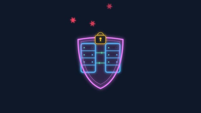 Cyber Security Neon Shield Animation Protecting Servers from Virus Attack