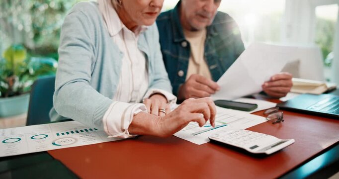 Hands, couple or calculator with documents in home for financial audit, expenses or bills together. Mature, man and woman with paperwork, invoices or finance report for tax deduction or cost in house