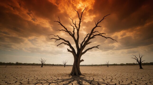 Majestic bare tree standing alone in arid landscape under dramatic sunset skies with drought affected terrain against fiery textured sunset sky swirling clouds
