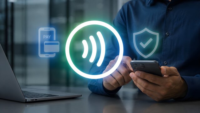 Businessman Using Contactless NFC Payment Technology on Smartphone for Fast Secure Transaction