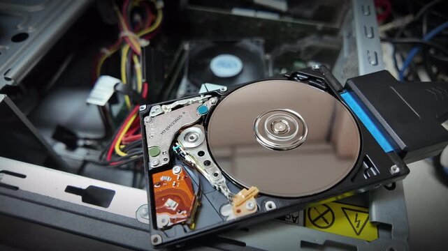 A close-up shot of the inside of a hard disk spinning to save data, connected via a high-speed port, with a CPU fan spinning on the motherboard in the background.