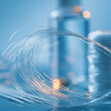 Macro close-up of pristine white dental floss forming a graceful arc from a sleek dispenser on a light blue gradient, soft cinematic lighting for oral care advertising and dental clinic promotion.