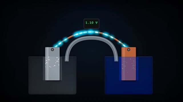 Galvanic Cell Animation: An educational scientific diagram illustrating the electrochemical process of a voltaic cell, featuring glowing electron flow, a salt bridge, and a digital voltmeter reading 1