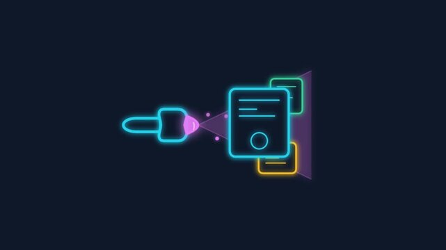 Glowing Neon Flashlight Scanning Documents Animation for Data Search Concept