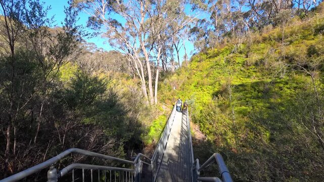 Hikers Walking Across Bridge in Blue Mountains National Park