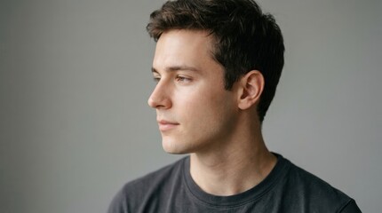 Obraz premium Portrait of a Thoughtful Young Man Looking Away Against a Plain Neutral Gray Background Providing a Minimalist Aesthetic for Professional Use