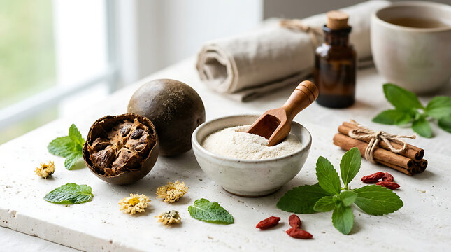 Monk fruit sweetener powder with stevia, cinnamon, and natural ingredients on a white table