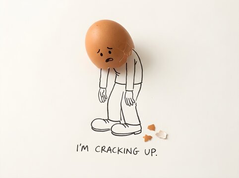 A sad egg with a drawn stick figure body and broken shell pieces, illustrating the pun "I'm cracking up.".