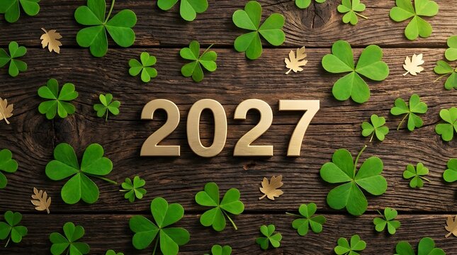 Golden 2027 numbers on a rustic wooden background with green shamrocks and small golden leaves.