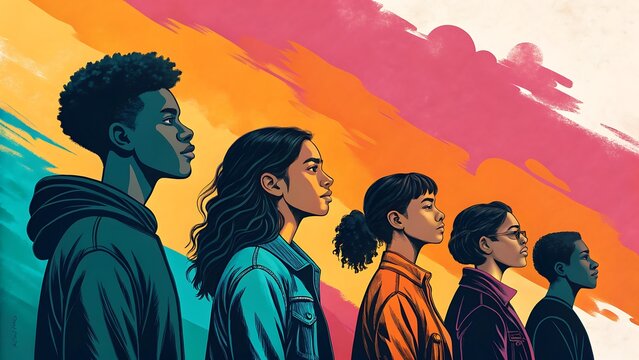 Diverse group of young people looking ahead. Multi-ethnic youth standing together in unity.