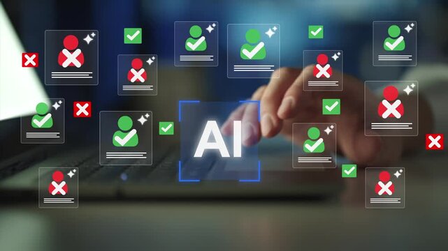 AI recruitment candidate screening automation. Resume filtering artificial intelligence. Hr selection process talent acquisition decision.