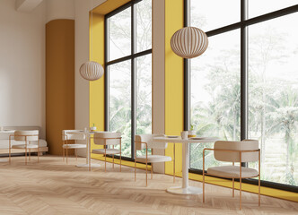 Fototapeta premium Contemporary cafe interior with yellow walls, pendant lights, furniture on bright background, minimalist style, hospitality concept, 3D Rendering