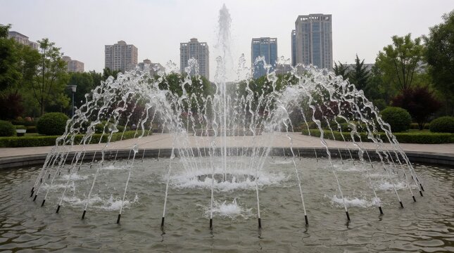 Modern urban fountain with dynamic water sprays in city park setting surrounded by greenery with framed modern high rise buildings neatly trimmed greenery under soft overcast sky