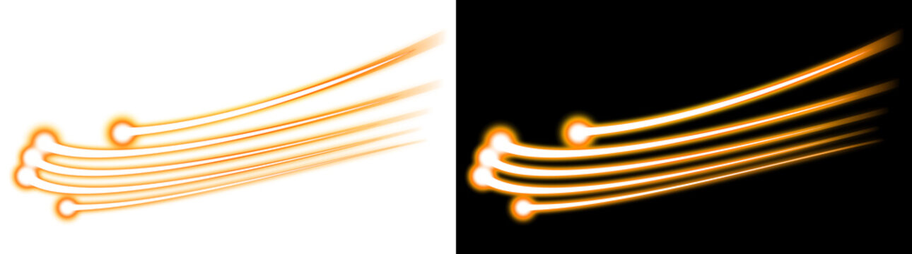 Fast glowing orange speed light trail streaks with comet heads on transparent background, isolated motion cutout