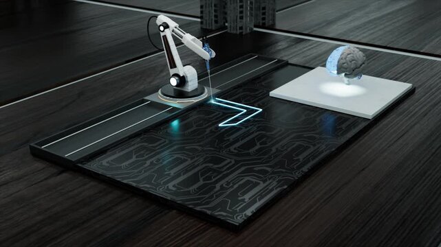 colourful 3d robotic arm creating glowing line in circuit board with 3d brain big data hi tech design futuristic technology background