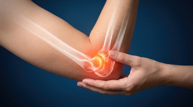Medical illustration of elbow joint pain and inflammation, X-ray overlay showing bone structure, arthritis or injury, human anatomy healthcare, hand holding painful arm