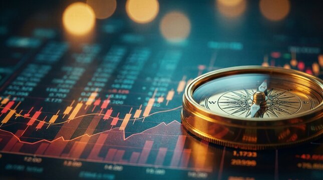 Antique golden compass placed on financial stock market charts navigating investment strategy and economic trends