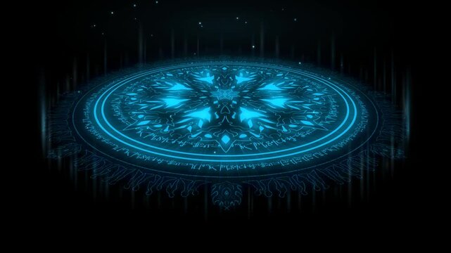 Magic circle summoning ritual animation, cyan blue mandala with three concentric rune rings counter rotating before the centre ignites, 4K luma key overlay on black background