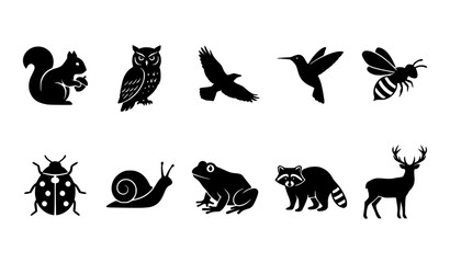 Fototapeta premium Cat, Owl, Bird, Dog, Fish, Deer, and Insect Animal Icons on White Background for Wildlife Design Featuring Icon, Silhouette