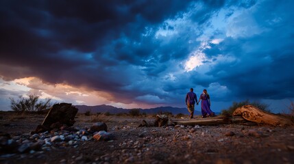 Fototapeta premium Couple walking under a dramatic sky.