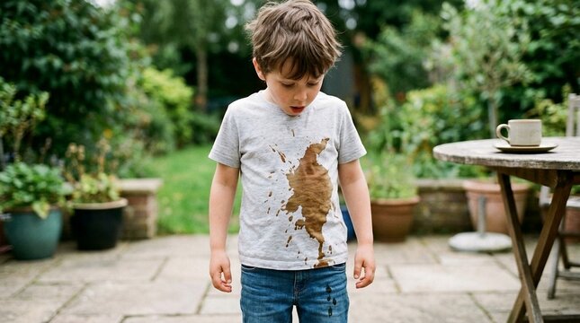Child with messy t-shirt after spill, standing outdoors in garden