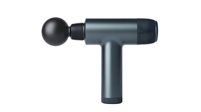 Sleek percussion massage gun in matte gray with a black spherical head and textured grip, featuring a threaded attachment end, isolated on a clean white background featuring percussion massager