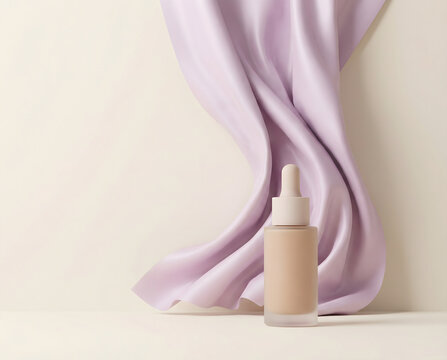 Elegant Foundation Bottle with Dropper, Soft Lavender Silk Drape, Minimalist Beauty Product Display, Luxurious Skincare Packaging, Chic Cosmetic Advertising Background, Pastel Aesthetic
