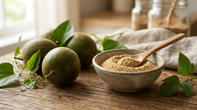 Monk fruit sweetener powder in a ceramic bowl with whole fresh monk fruits on a wooden table
