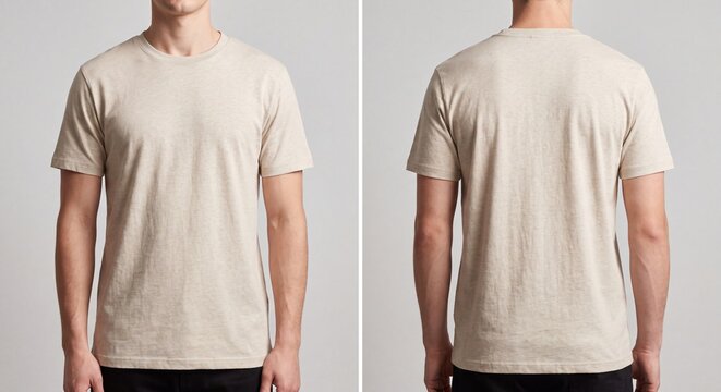 Male model wearing blank beige t-shirt front and back view for apparel design mockup