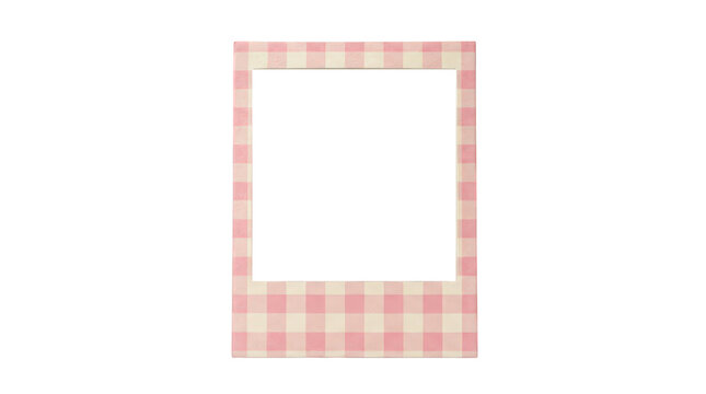 Pink gingham photo frame, decorative instant film border, aesthetic checkered picture mount, cute pastel plaid frame for social media scrapbooking isolated on Transparent Background