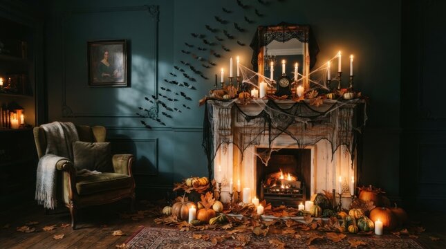 Dark moody living room decorated for Halloween