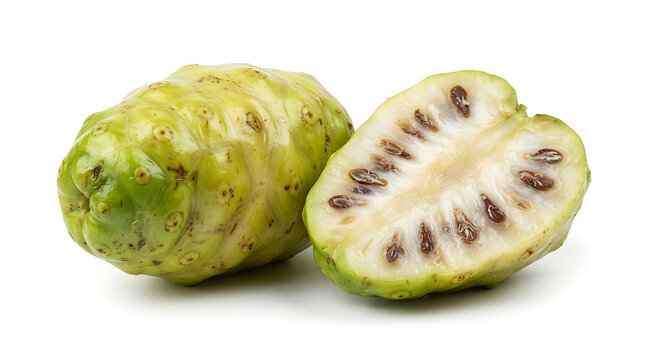 Fresh organic noni fruit with half slice showing seeds isolated on white background
