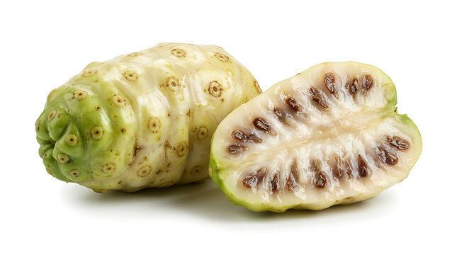 Fresh organic noni fruit with one sliced in half, showing its seeds and texture, isolated on a white background for health and wellness concepts