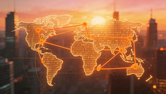 Global network map over city skyline