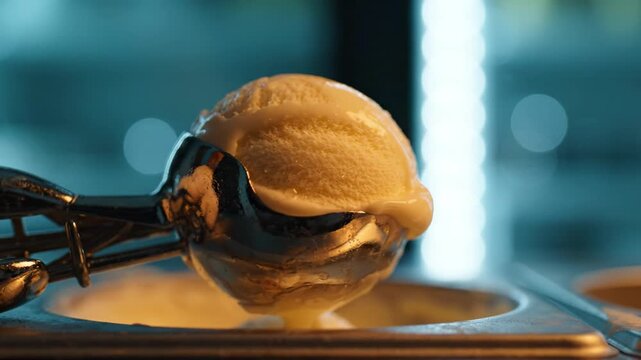 A Close-Up View of a Scoop of Creamy Vanilla Ice Cream Captured in a Stainless Steel Scoop, Showcasing Its Smooth Texture and Deliciousness