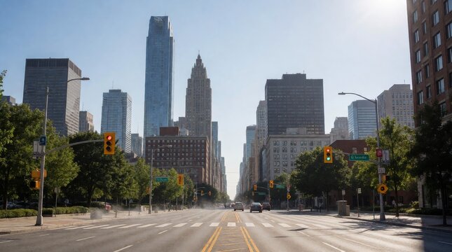 Modern city skyline reflected through shimmering urban heat waves on bright daytime street with captures bustling metropolitan skyline towering buildings lush greenery