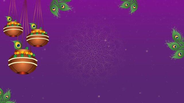 Janmashtami Festival with Hanging Dahi Handi and Peacock Feathers Animation