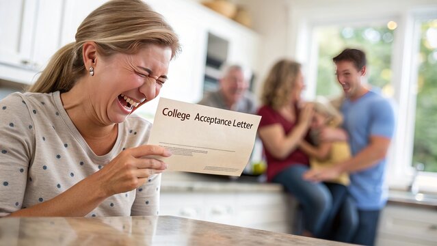 A woman cries happy tears while opening a college acceptance letter, overwhelmed with joy and excitement at the kitchen table.