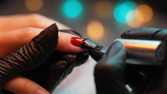 Expert Nail Artistry: A Professional Applying Eye-Catching Red Nail Polish with Precision in Aesthetic Surroundings for a Stunning Finish and Perfect Shine.