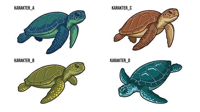 Labeled sea turtle illustrations in various colors.