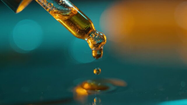Close-Up of a Dropper Releasing Liquid Oil onto a Surface, Capturing the Moment of Dripping, with Colorful Reflections and Soft Background Bokeh Effects