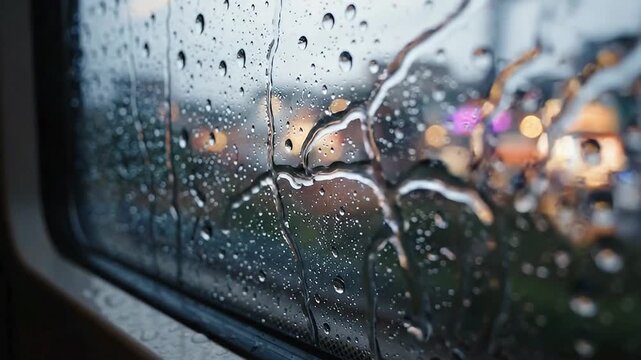 Raindrops on a train window. Wet glass surface with blurred landscape during a storm.